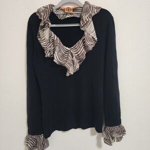 Tory Burch‎ Black Merino Wool Silk Ruffle Neck Long Sleeve Sweater Size M